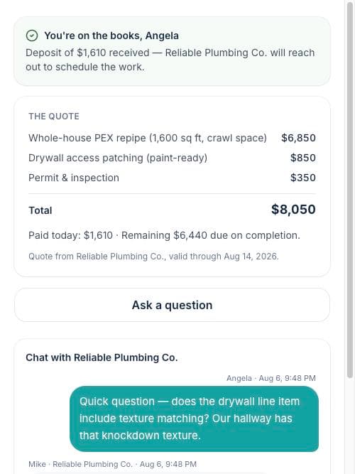 The customer's booked confirmation with deposit received