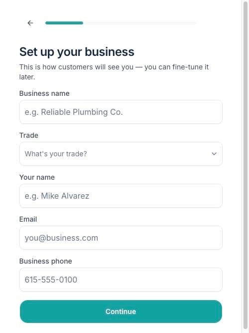 The business setup step of signup