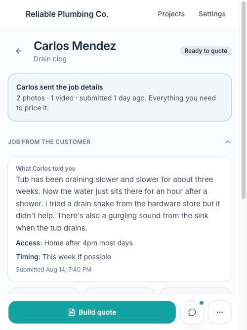 A ready-to-quote project with the customer's details expanded